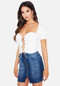 Lace Up Front Poplin Crop Top sold by Bebe