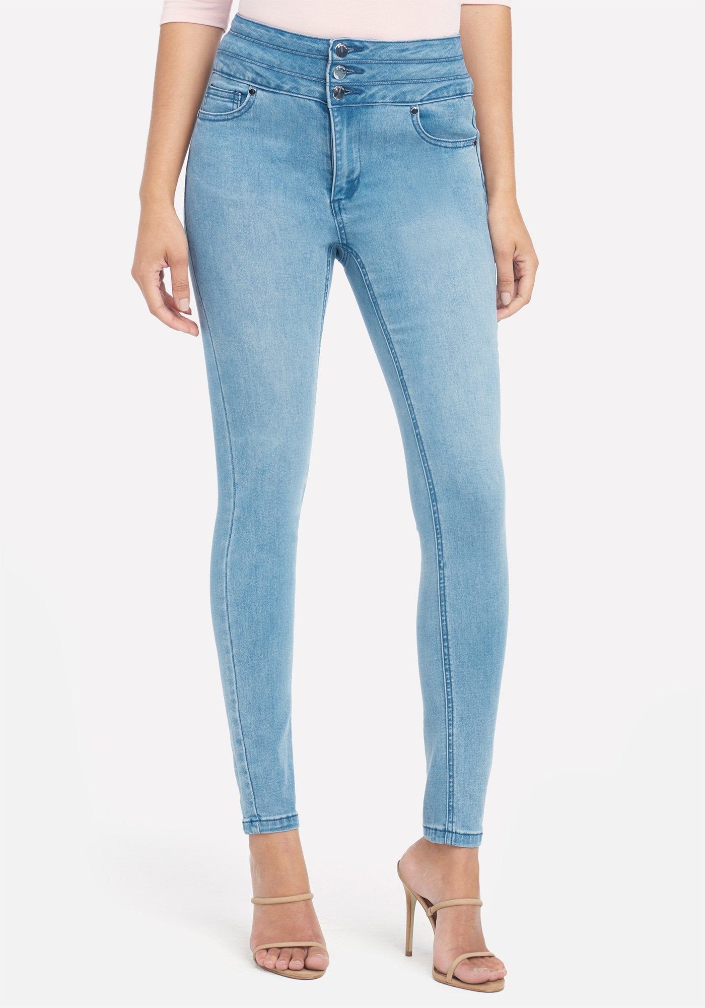 High Waisted Button Front Skinny Jeans sold by Bebe