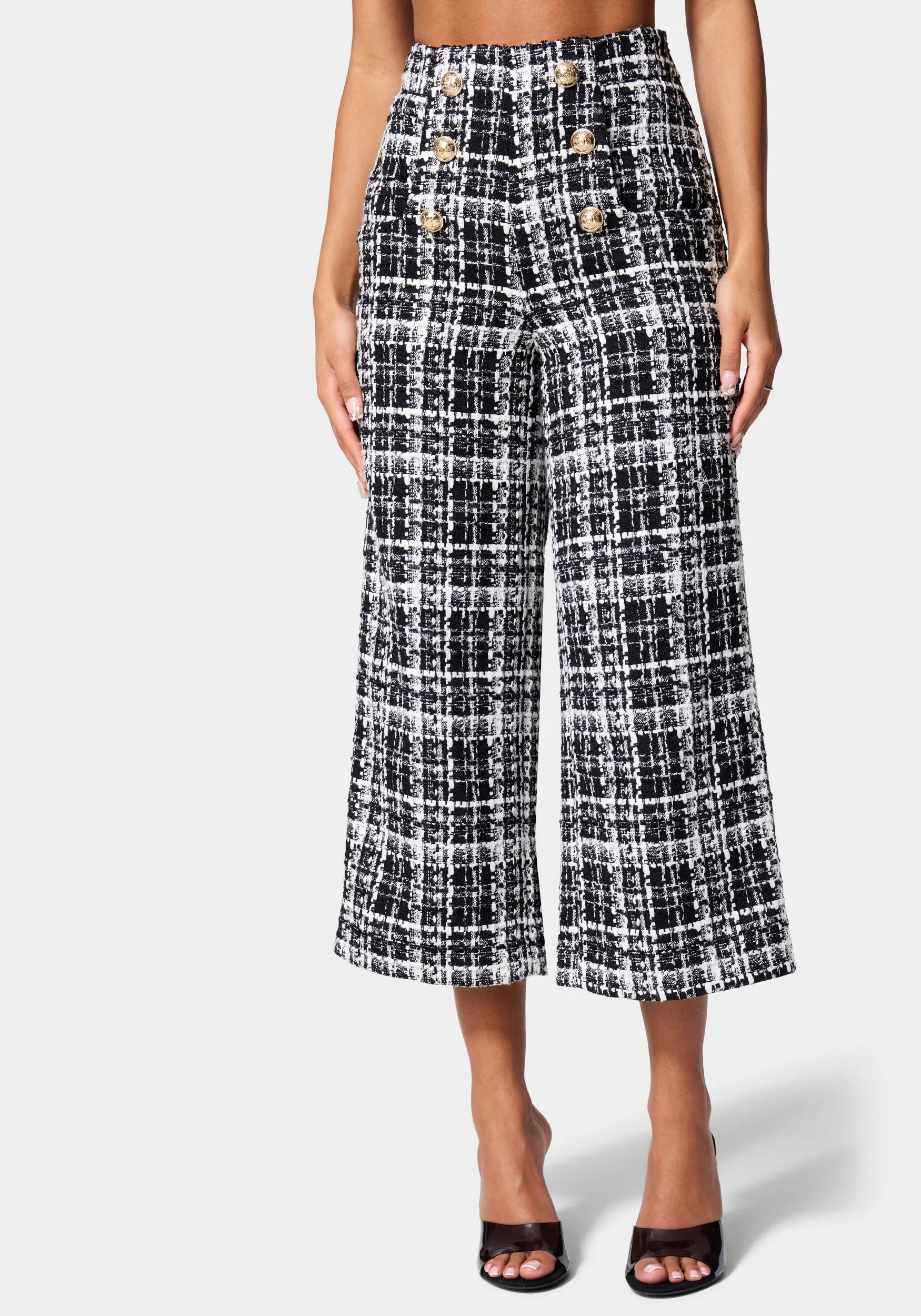 Button Detail Tailored Boucle Pant sold by Bebe