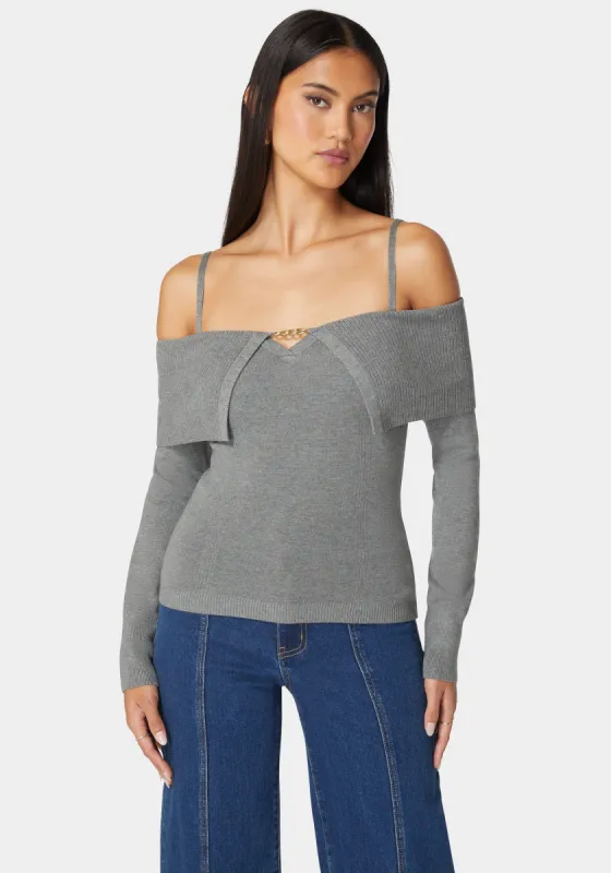 Off Shoulder Fold Over Chain Detail Sweater sold by Bebe