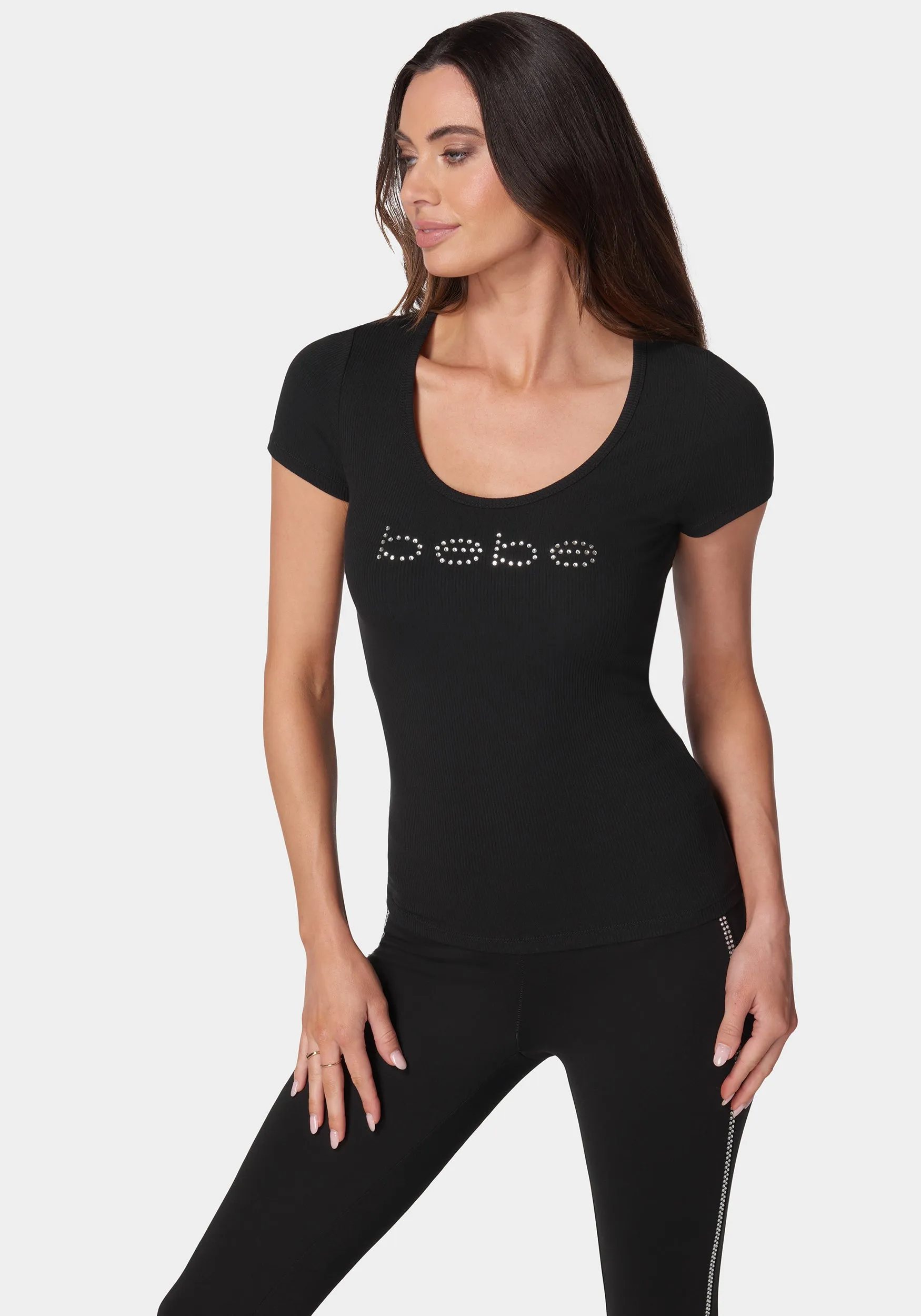 Bebe Logo Short Sleeve Scoop Neck Single Stone Rib Top sold by Bebe