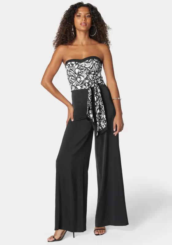 Satin Tie Front Scarf Ultra Wide Leg Jumpsuit sold by Bebe