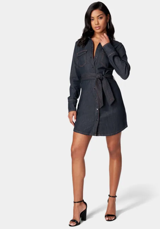 Belted Button Down Denim Shirt Dress sold by Bebe