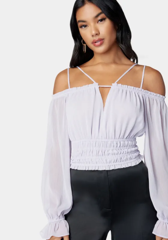 Multi Strap Cold Shoulder Ruched Blouse sold by Bebe