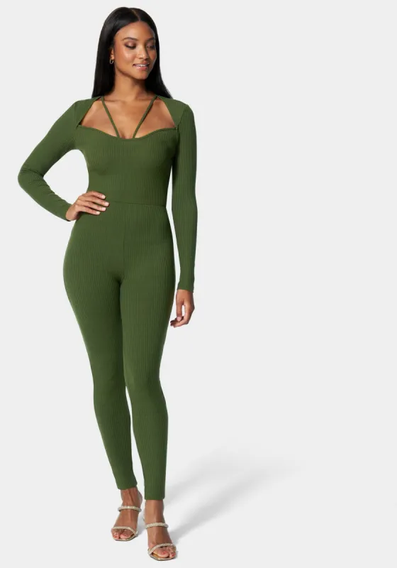Strappy Neck Rib Catsuit sold by Bebe