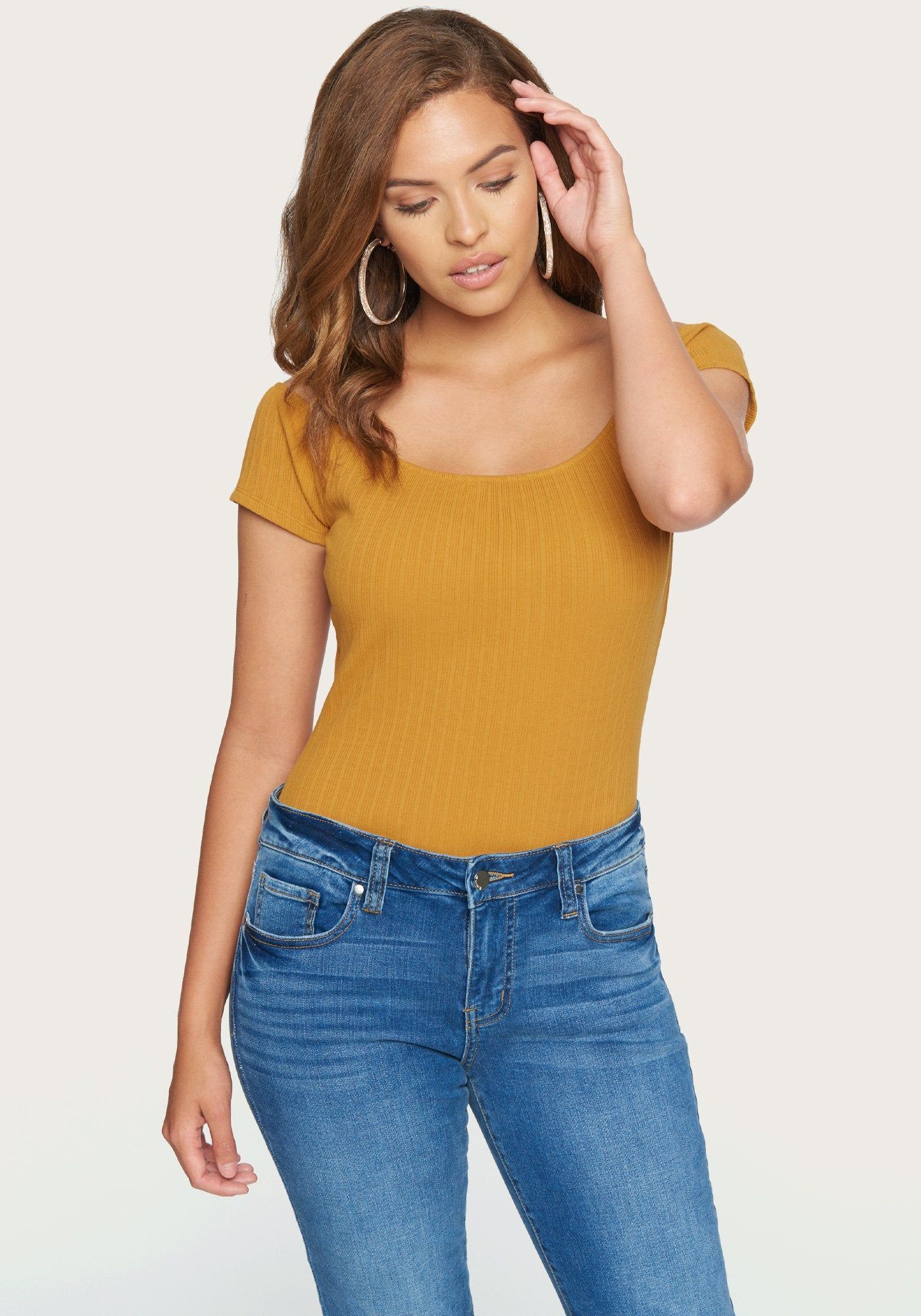 Ribbed Off Shoulder Bodysuit sold by Bebe