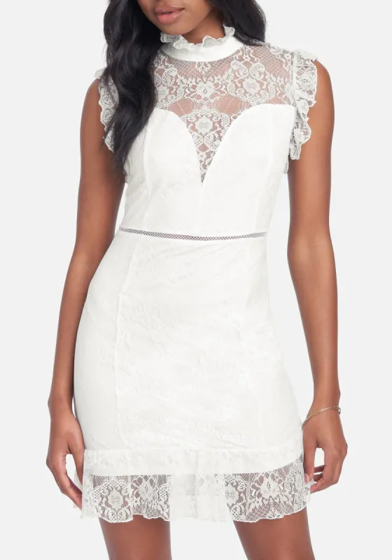 Ruffle Mock Neck Lace Dress sold by Bebe