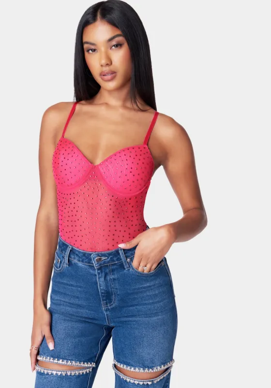 Rhinestone Mesh Bodysuit sold by Bebe