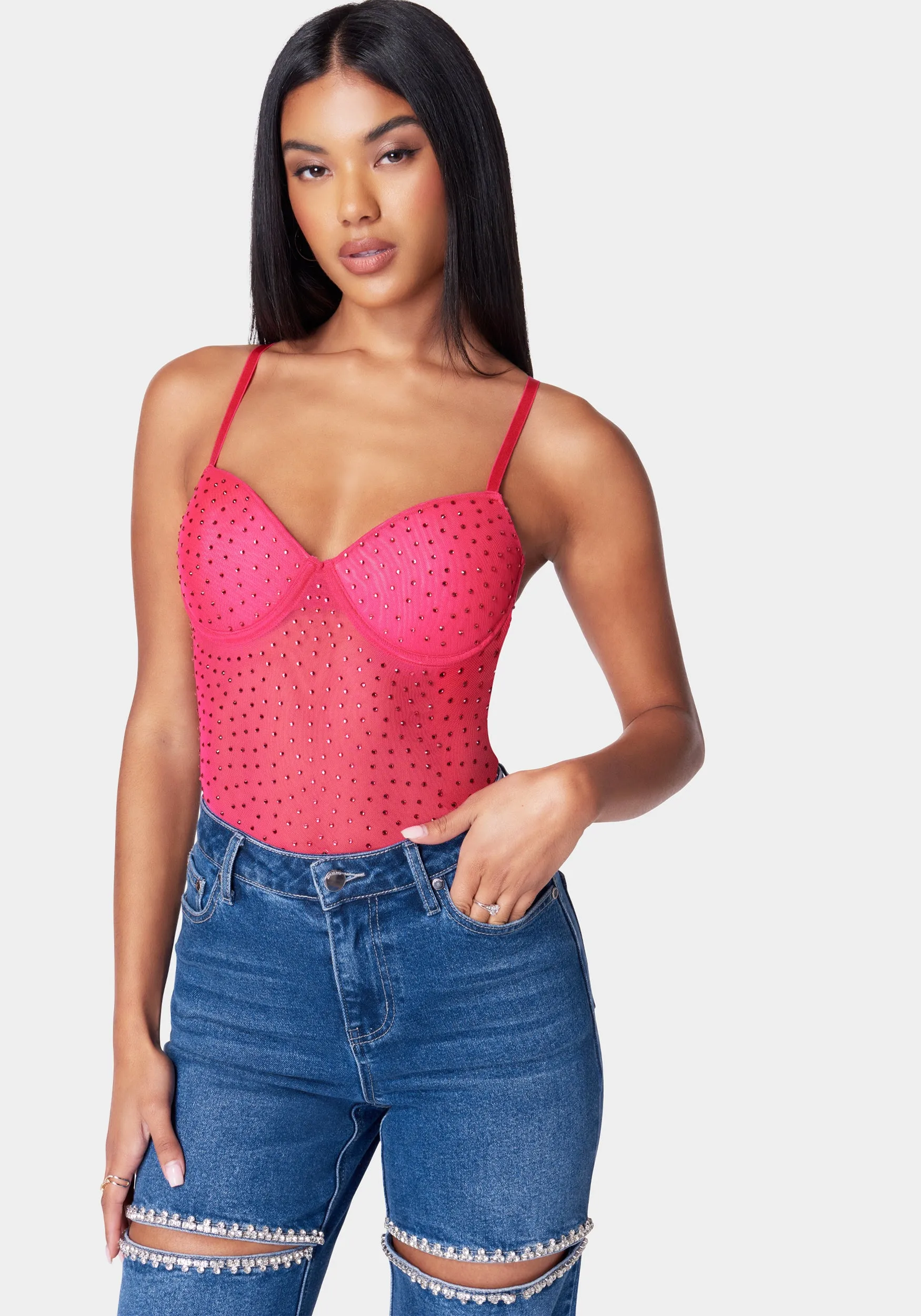 Rhinestone Mesh Bodysuit sold by Bebe