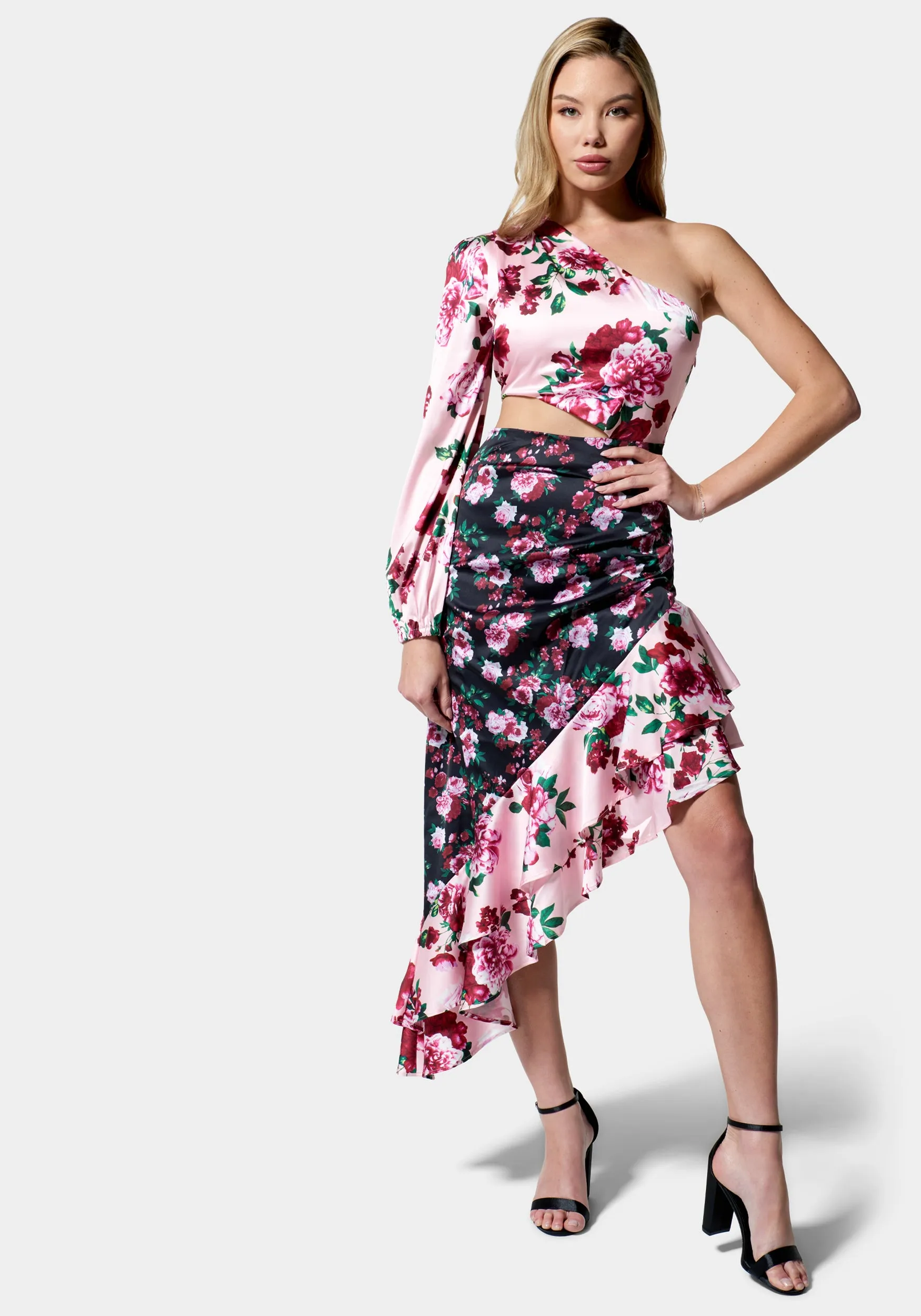 Printed One Shoulder Asymmetrical Ruffle Dress sold by Bebe