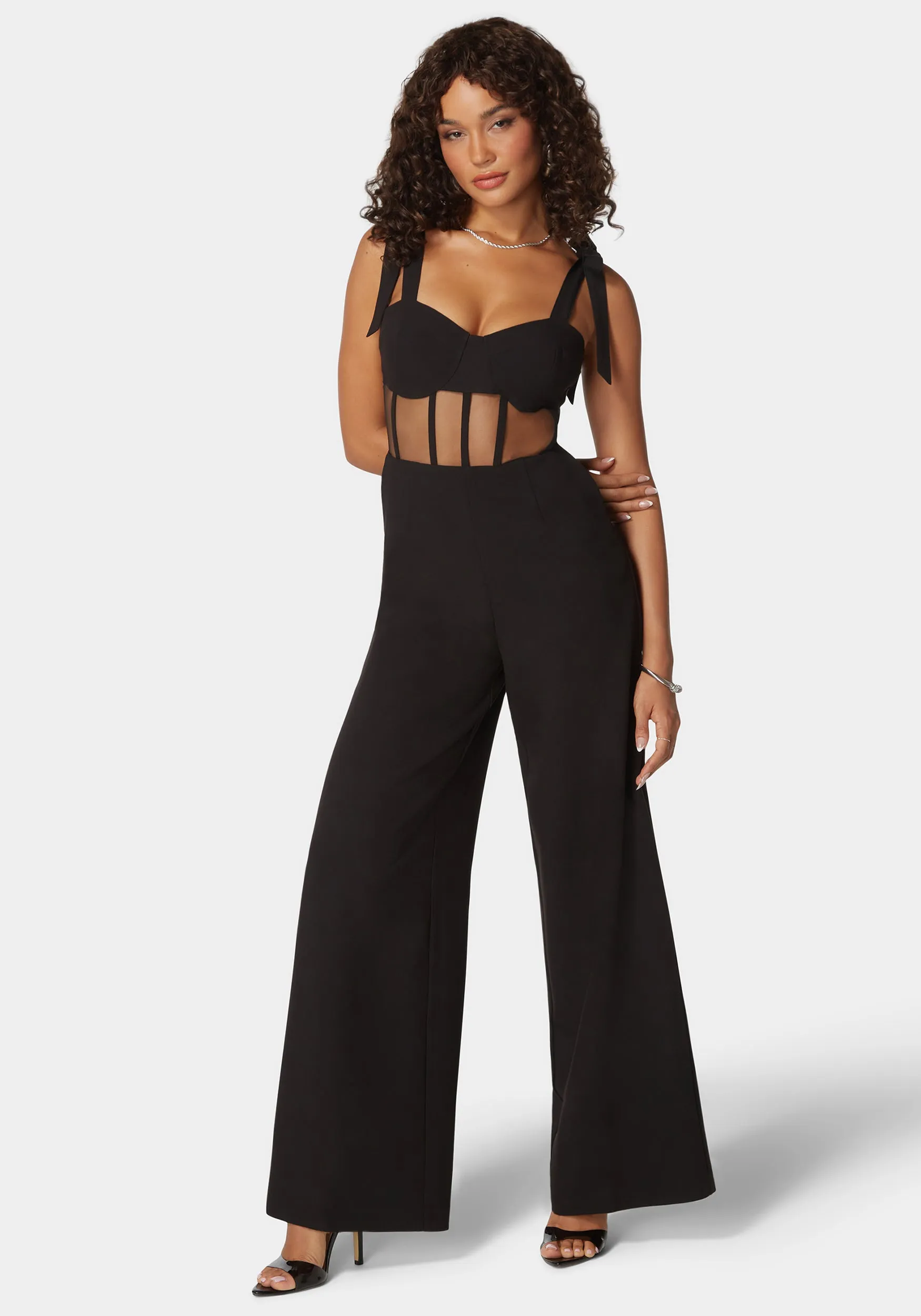 Self Tie Strap Corset Wide Leg Jumpsuit sold by Bebe
