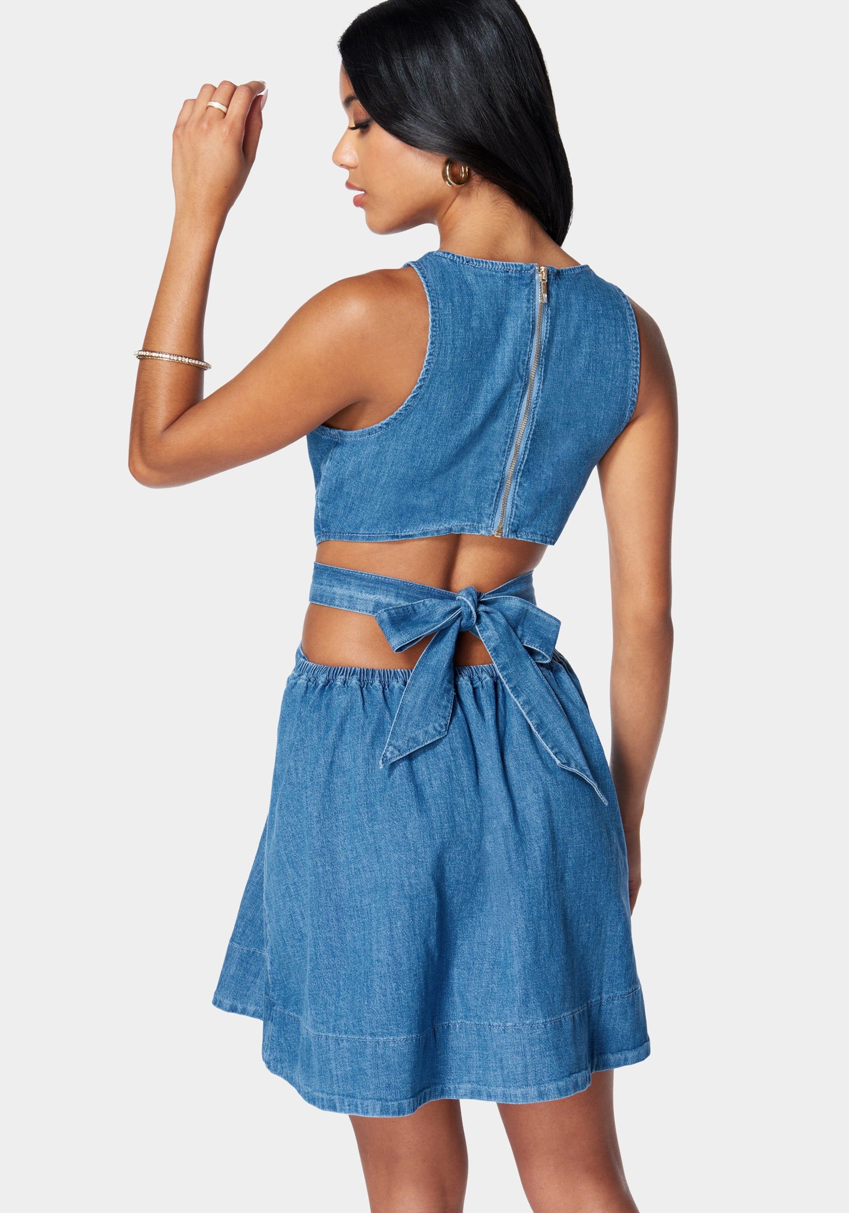Ruched Halter Side Cutout Lightweight Denim Dress sold by Bebe product image thumbnail 4