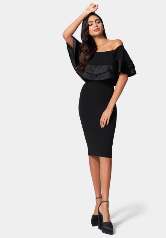 Satin Tip Off Shoulder Midi Dress sold by Bebe