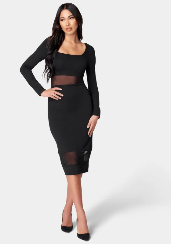 Square Neck Mesh Inset Dress sold by Bebe