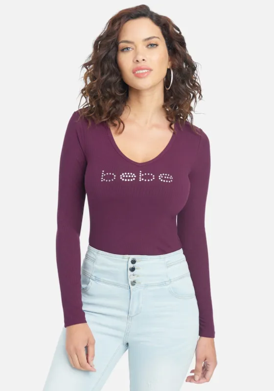 Crystal Logo V-Neck Long Sleeve Tee sold by Bebe