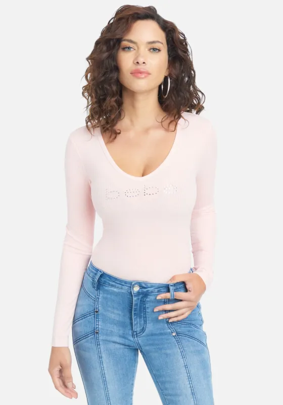 Crystal Logo V-Neck Long Sleeve Tee sold by Bebe