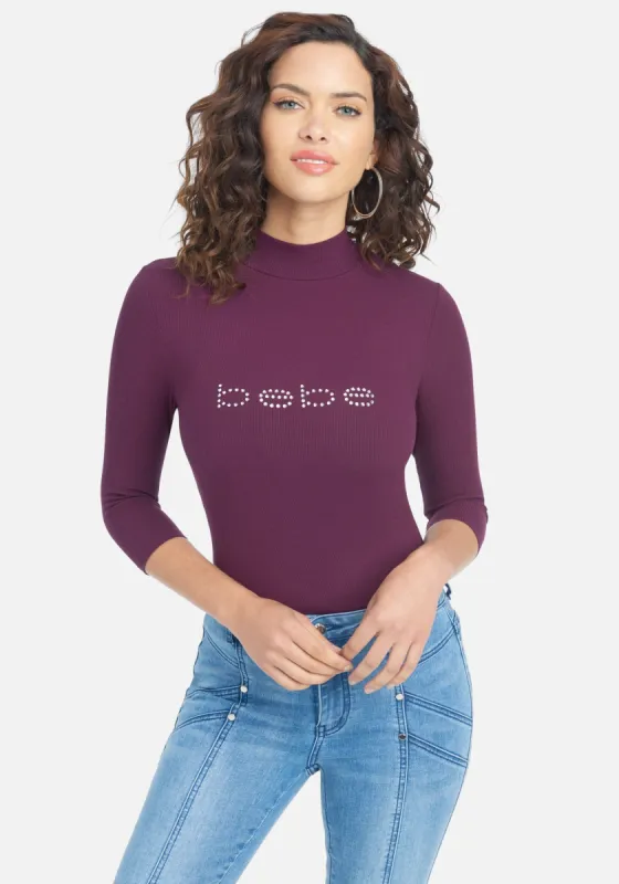 Crystal Logo Mock Neck 3/4 Sleeve Tee sold by Bebe