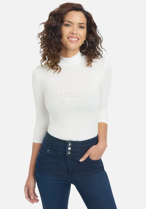 Crystal Logo Mock Neck 3/4 Sleeve Tee sold by Bebe