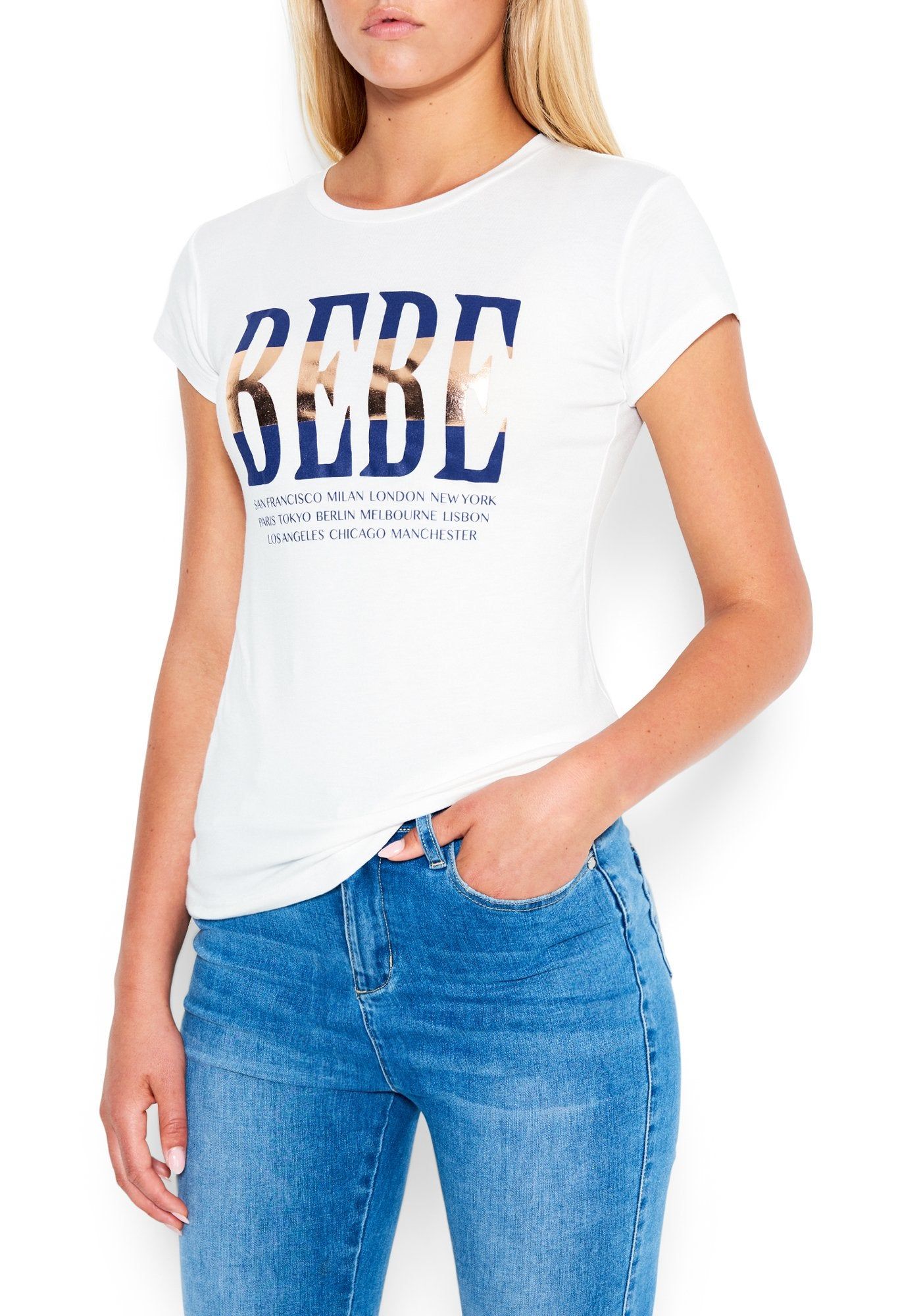 Bebe Logo Screen Foil Print Tee sold by Bebe
