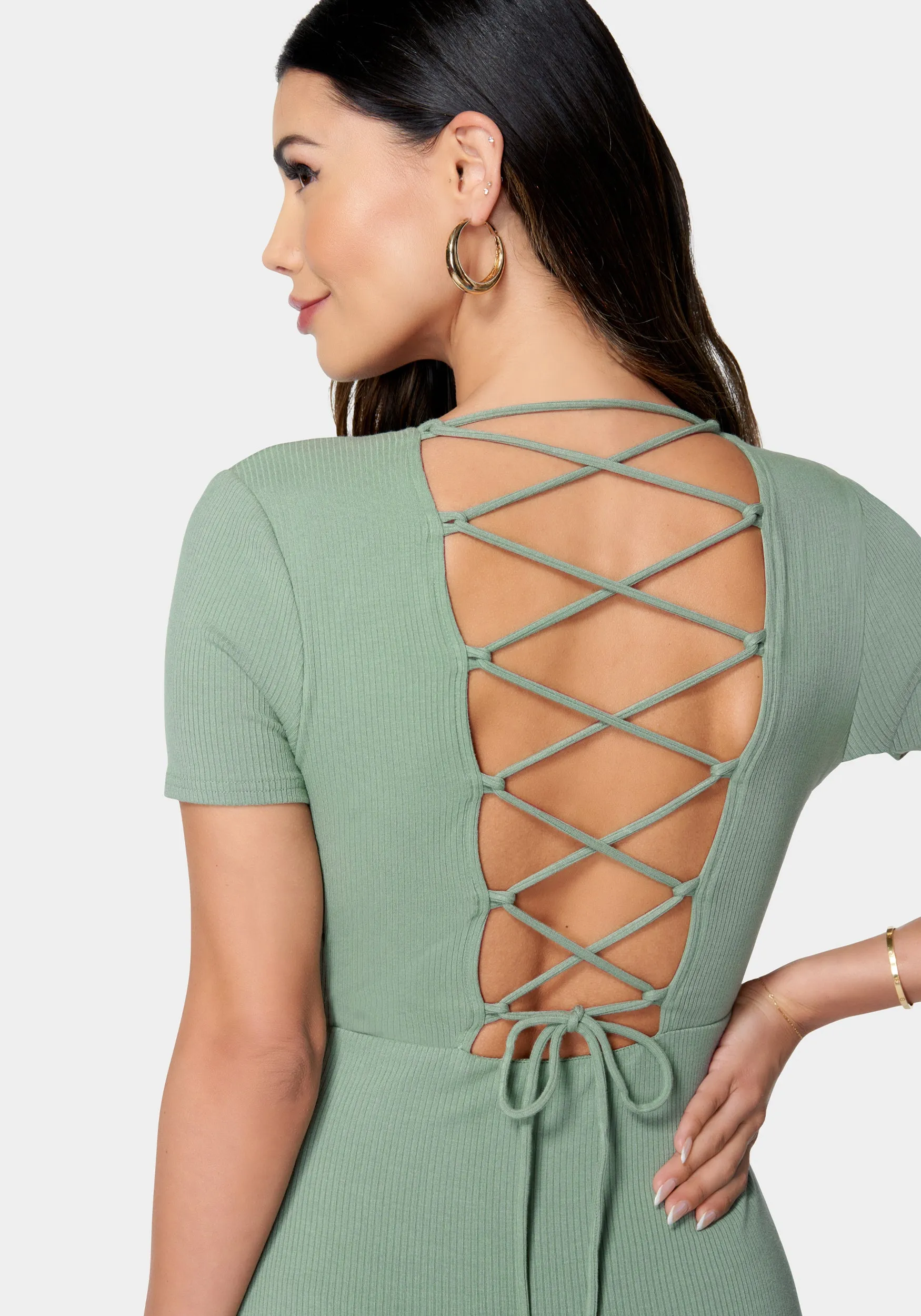 Button Front Lace Back Rib Dress sold by Bebe product image thumbnail 4