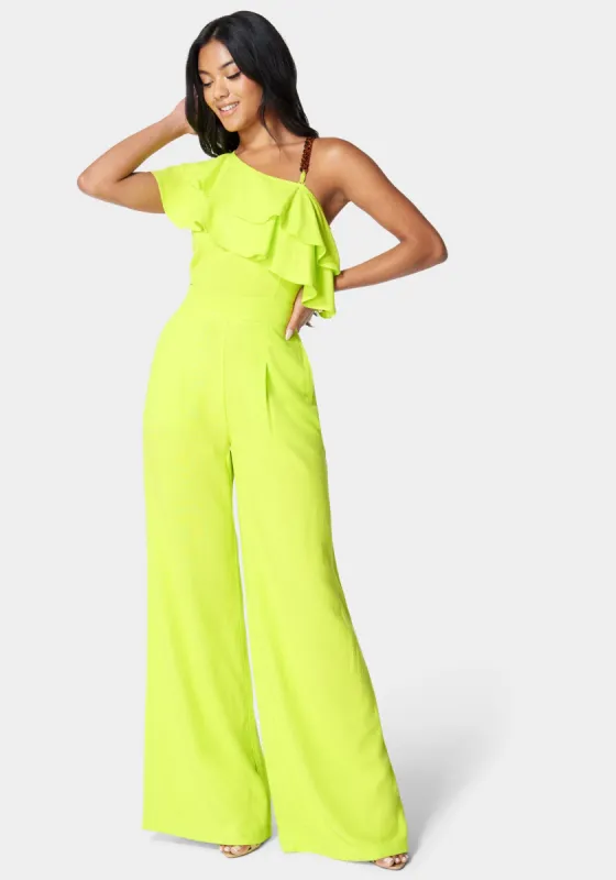 Asymmetric Ruffle Neck Wide Leg Jumpsuit sold by Bebe