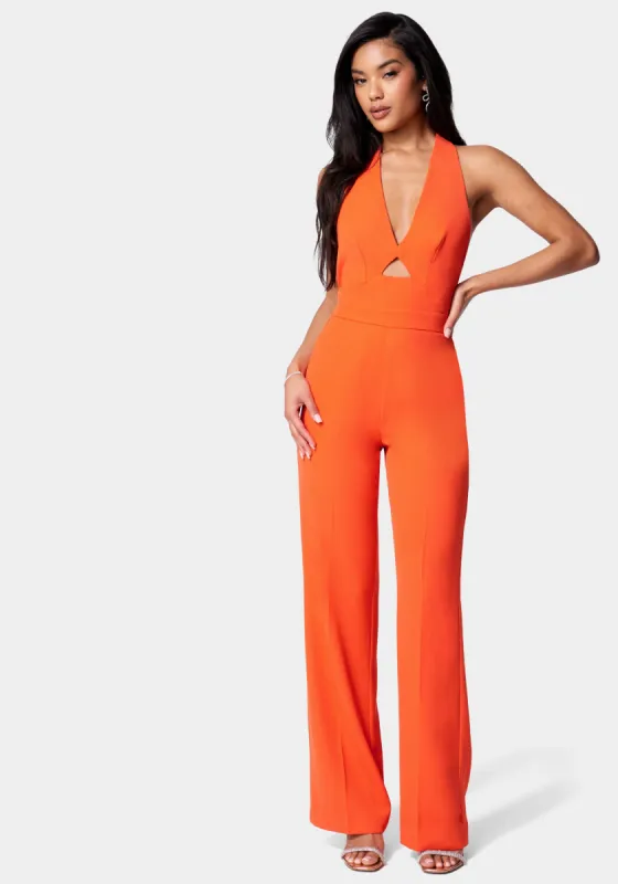 Satin Twill Halter Tie Back Wide Leg Jumpsuit sold by Bebe