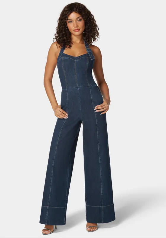 Halter Neck Buckle Detail Wide Leg Denim Jumpsuit sold by Bebe