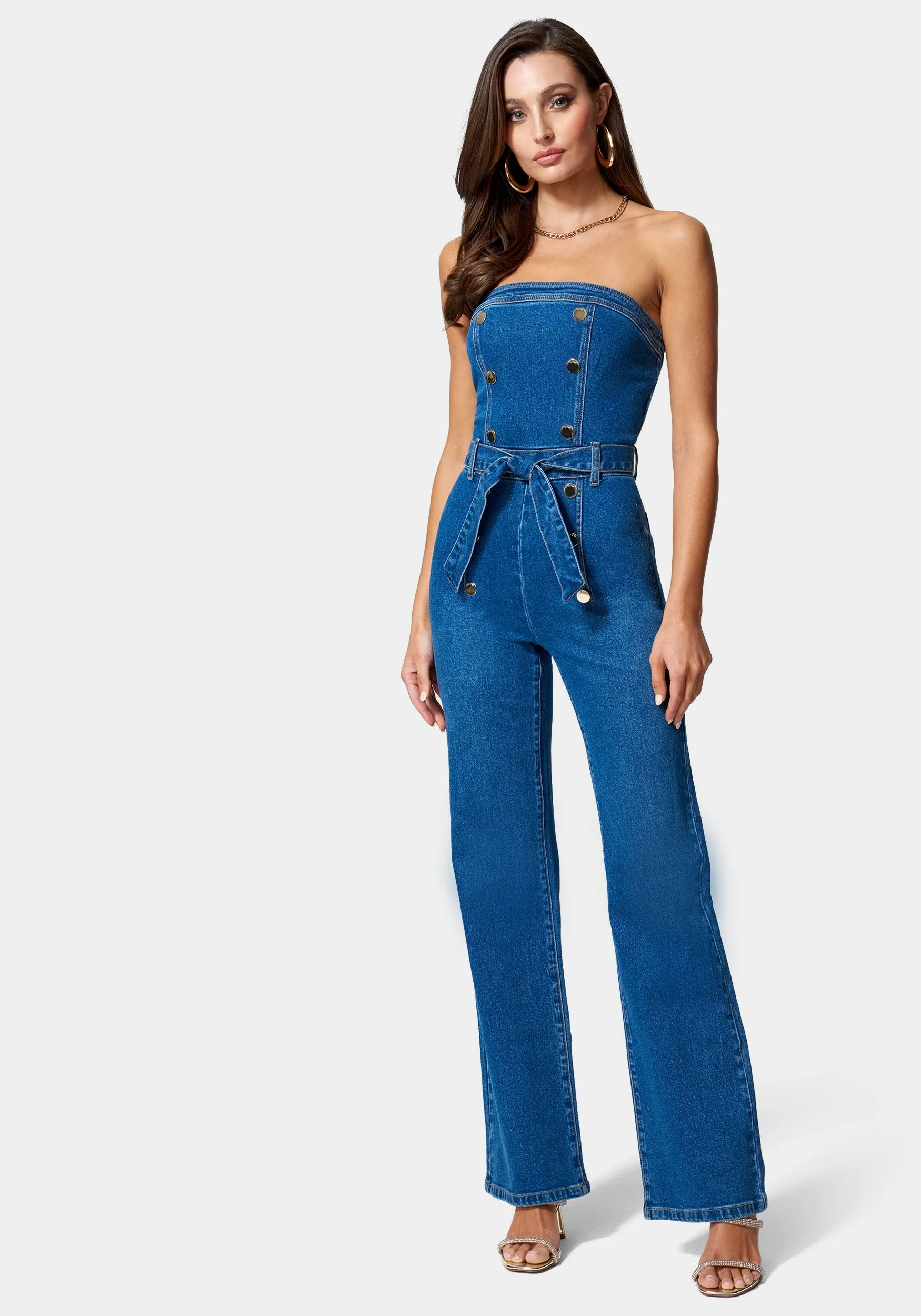 Strapless Button Detail Belted Wide Leg Denim Jumpsuit sold by Bebe product image thumbnail 2