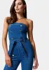 Strapless Button Detail Belted Wide Leg Denim Jumpsuit sold by Bebe