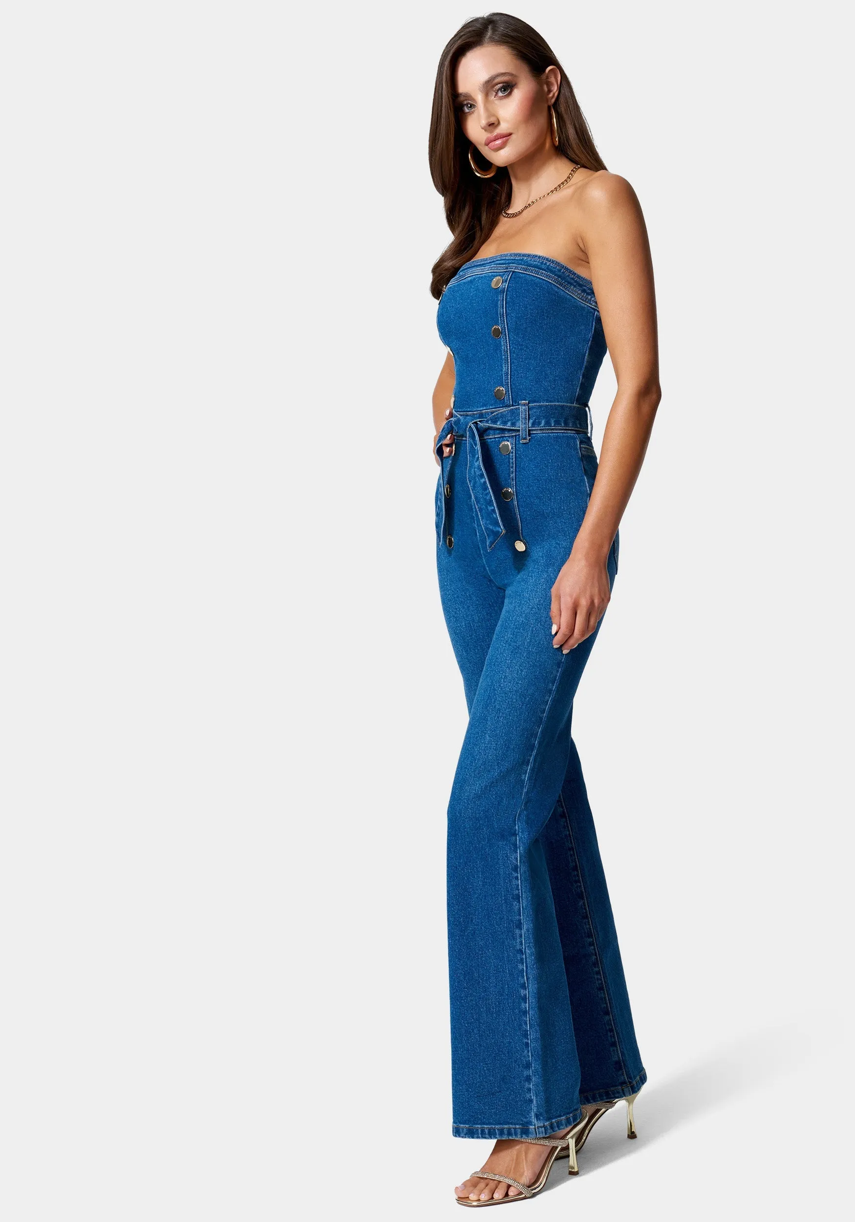 Strapless Button Detail Belted Wide Leg Denim Jumpsuit sold by Bebe product image thumbnail 3