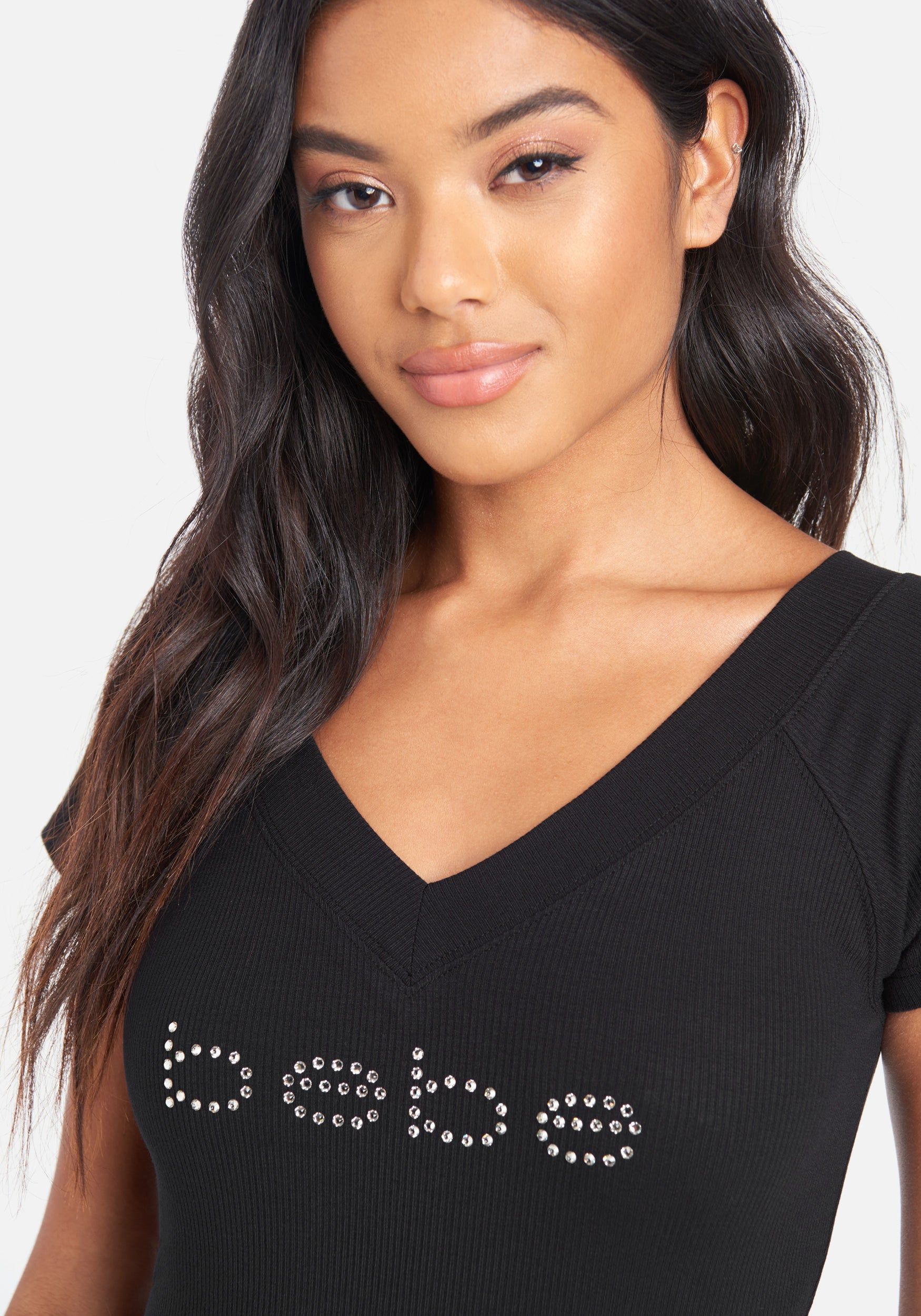 Crystal Logo Short Sleeve Double V-Neck Dress sold by Bebe product image thumbnail 4