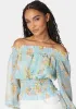 Off Shoulder Smocked Chiffon Blouse sold by Bebe