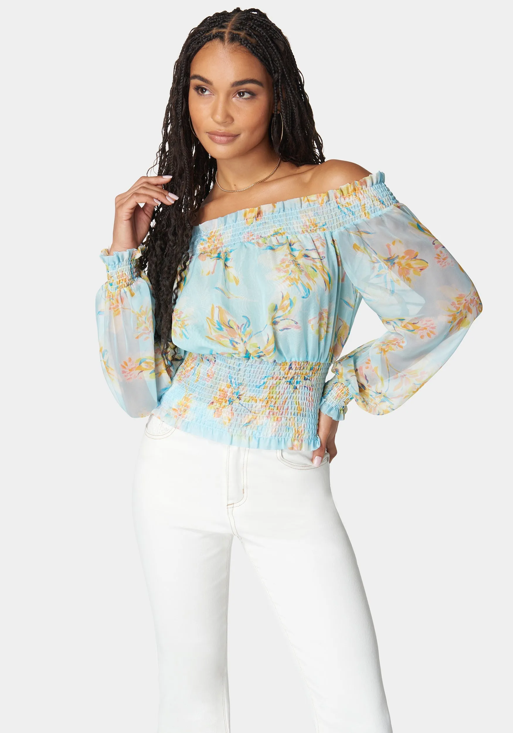 Off Shoulder Smocked Chiffon Blouse sold by Bebe