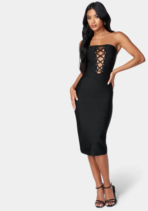 Bandage Lace-Up Strapless Dress sold by Bebe