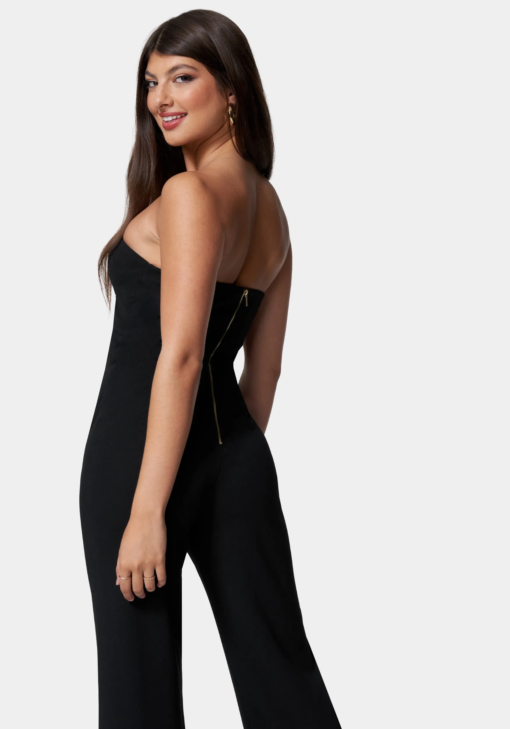 Ring Detail Wide Leg Knit Crepe With Satin Combo Jumpsuit sold by Bebe product image thumbnail 3