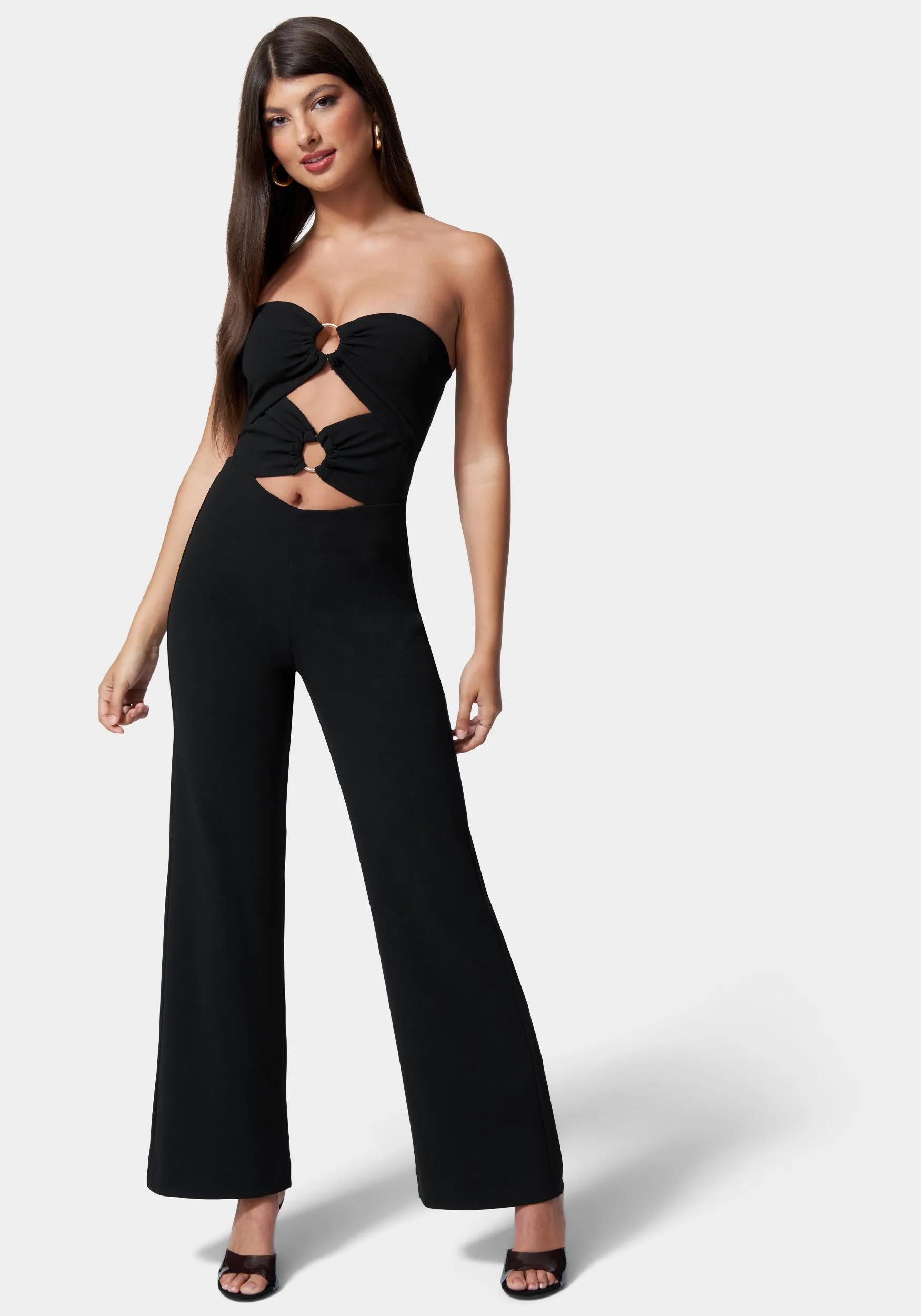 Ring Detail Wide Leg Knit Crepe With Satin Combo Jumpsuit sold by Bebe