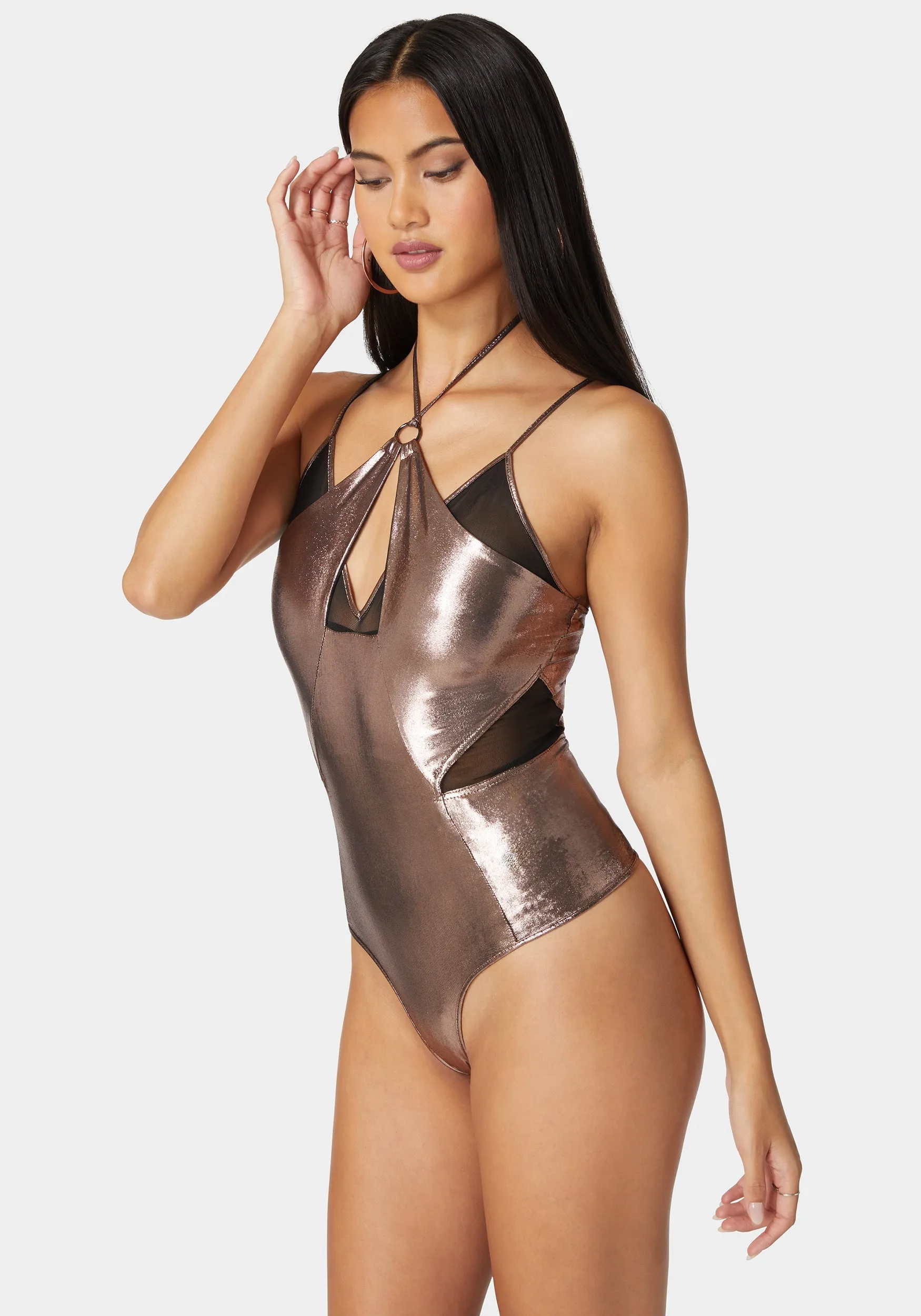 Metallic Foil Halter Neck Mesh Combo Bodysuit sold by Bebe product image thumbnail 2