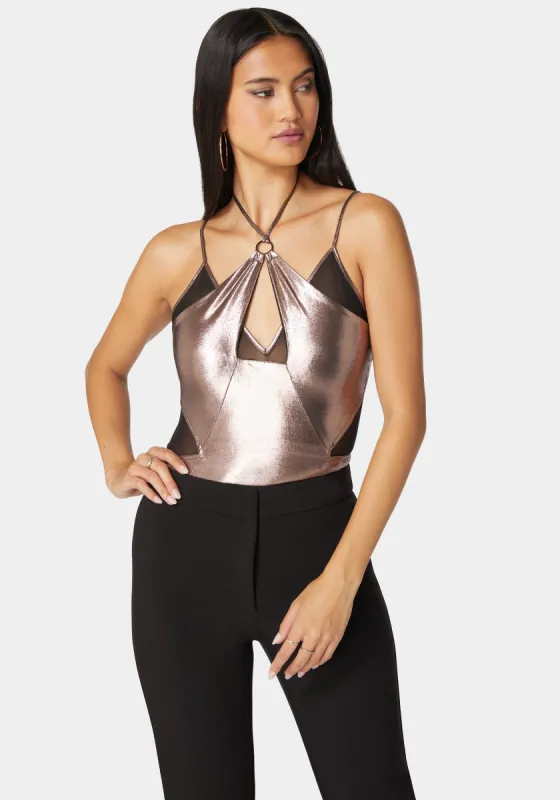 Metallic Foil Halter Neck Mesh Combo Bodysuit sold by Bebe
