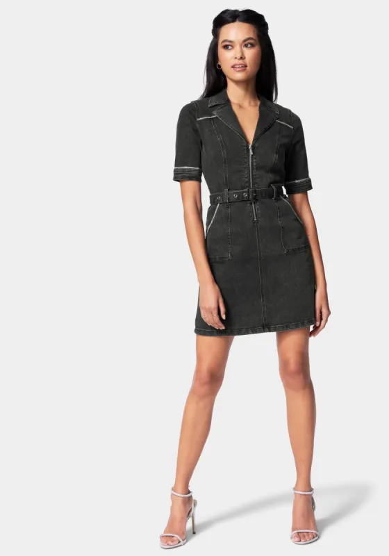 Rhinestone Trim Denim Dress sold by Bebe
