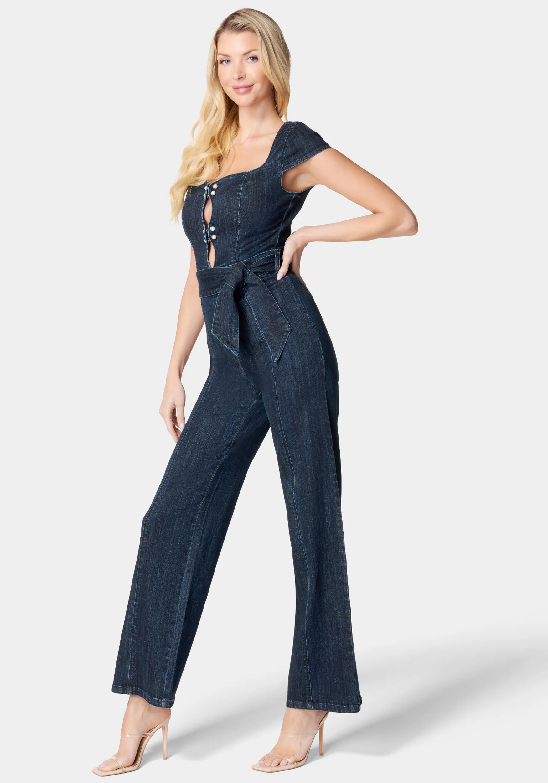 Wide Leg Pearl Detail Denim Jumpsuit sold by Bebe product image thumbnail 2