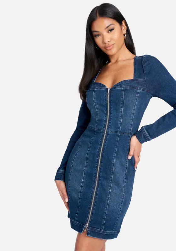 Long Sleeve Zip Front Bustier Denim Dress sold by Bebe