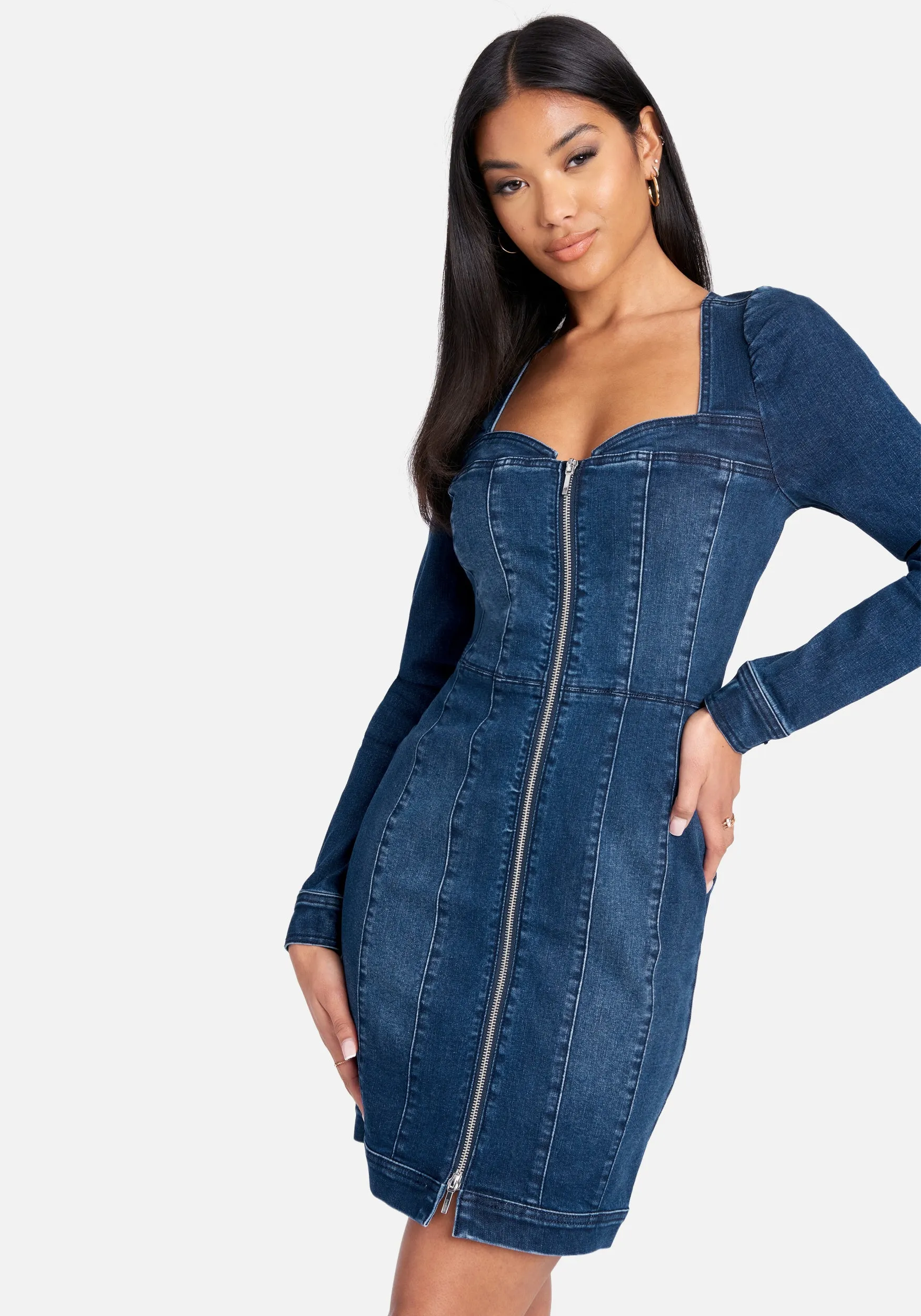 Long Sleeve Zip Front Bustier Denim Dress sold by Bebe