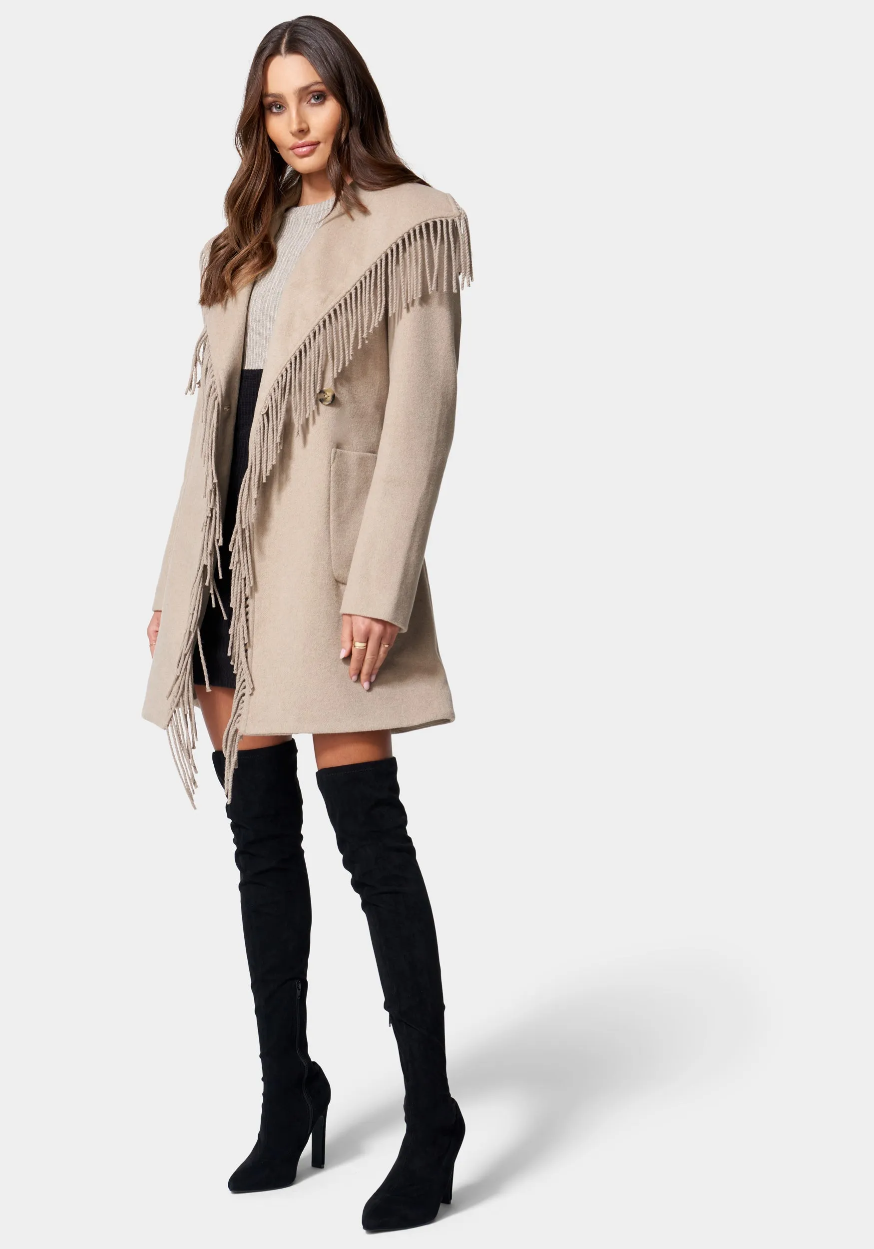 Fringe Detail Tie Waist Wrap Coat sold by Bebe product image thumbnail 2