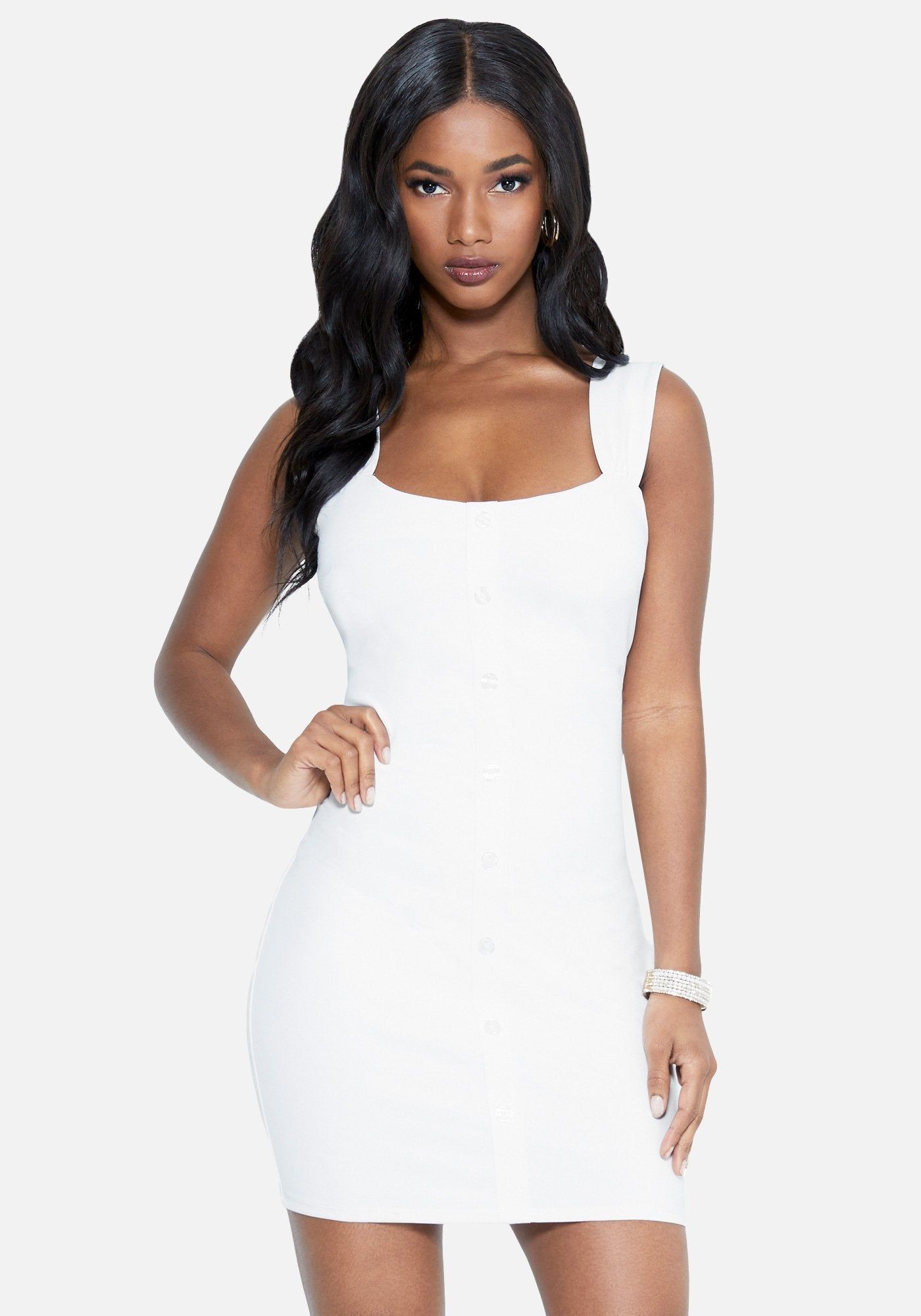Button Detail Ponte Mini Dress sold by Bebe