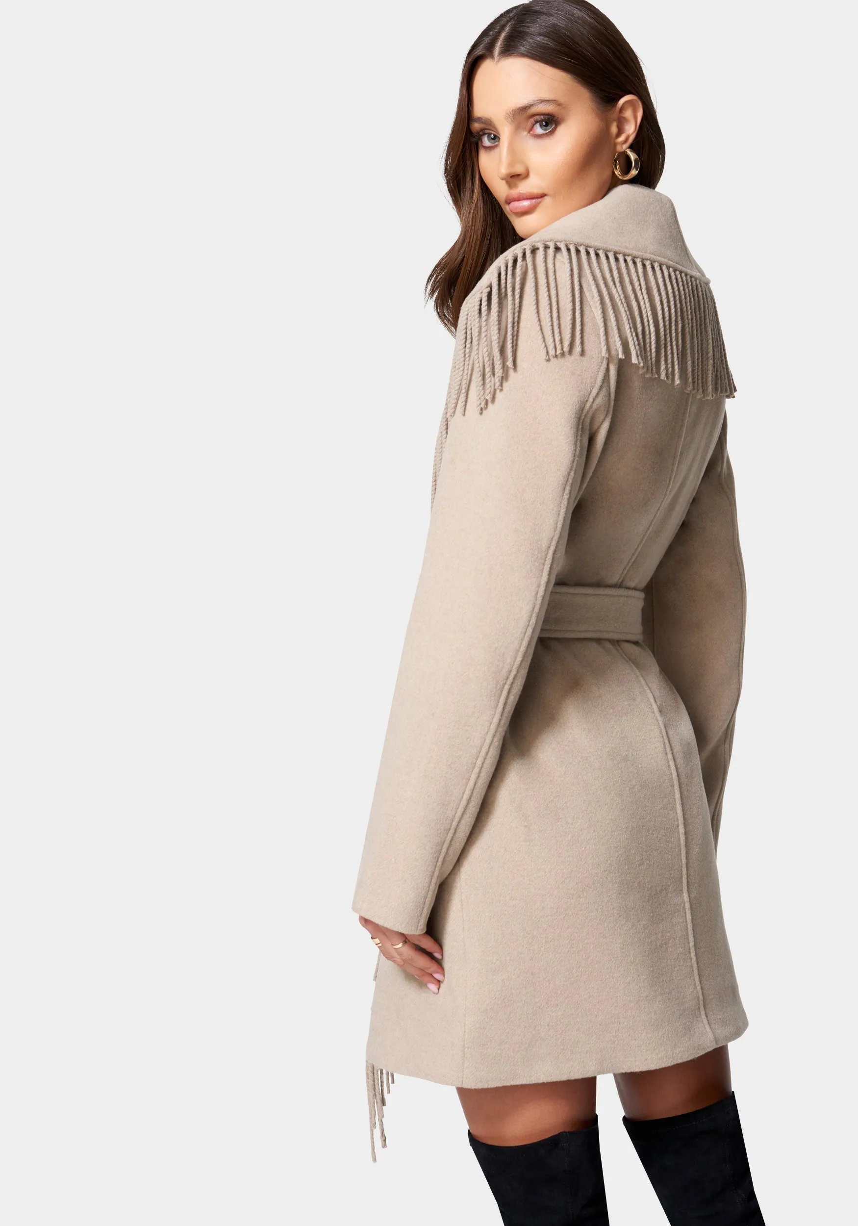 Fringe Detail Tie Waist Wrap Coat sold by Bebe product image thumbnail 3