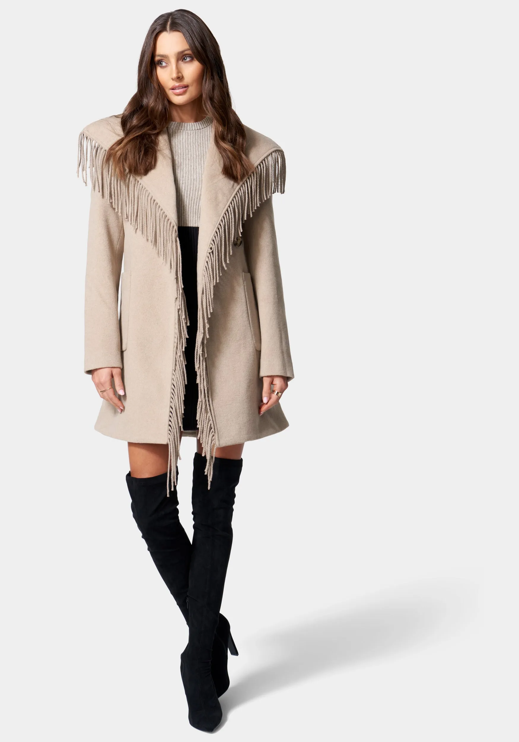 Fringe Detail Tie Waist Wrap Coat sold by Bebe