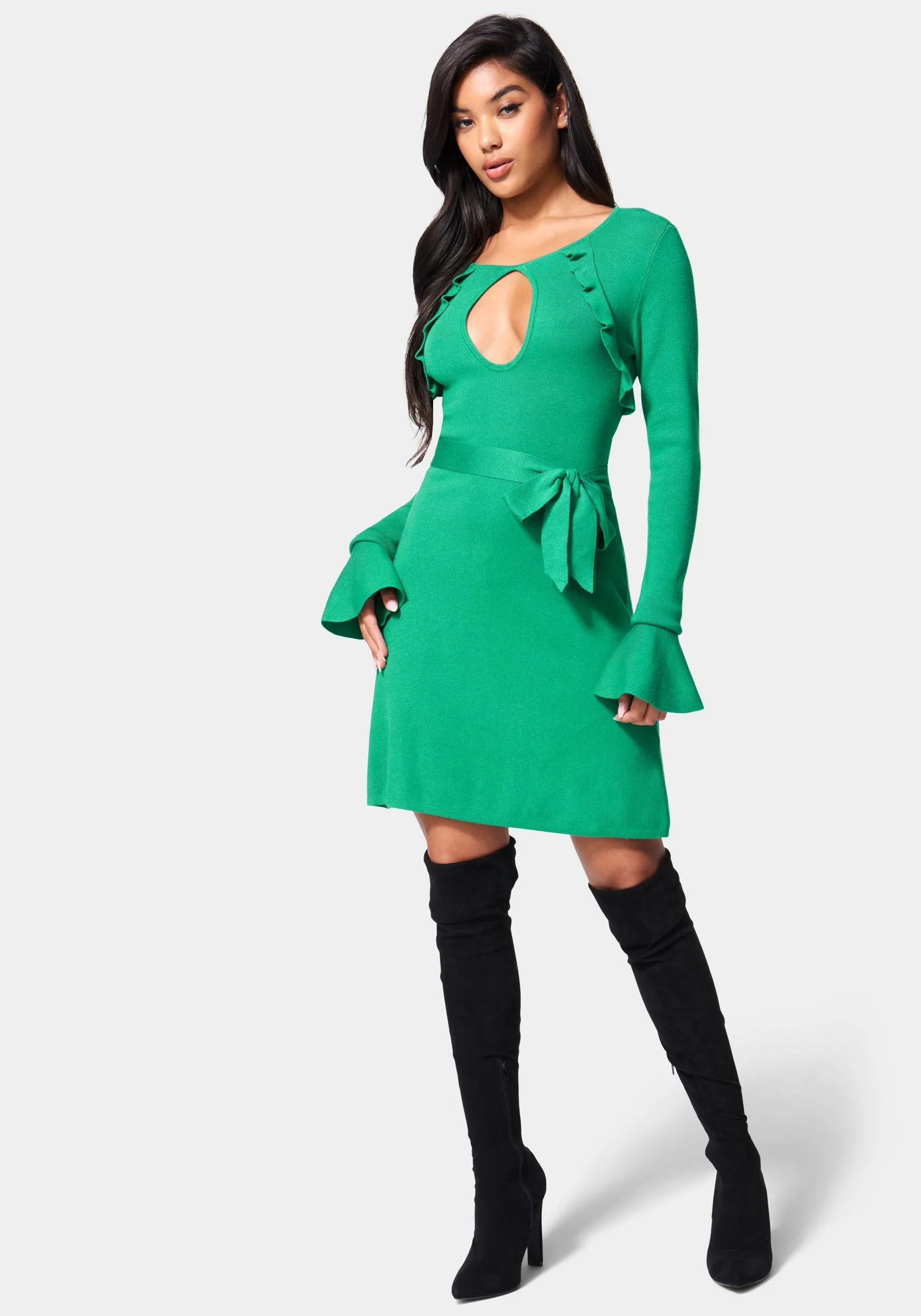 Bell Sleeve Belted Sweater Dress sold by Bebe