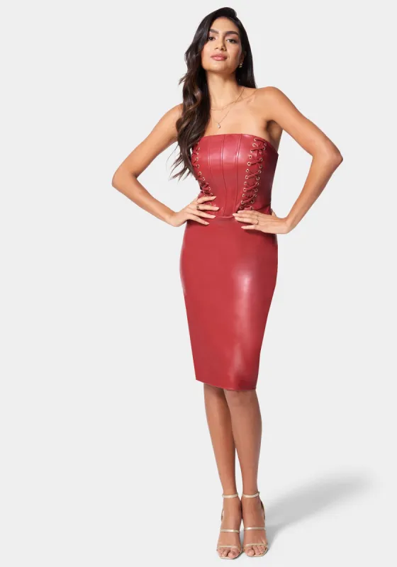 Vegan Leather Strapless Corset Midi Dress sold by Bebe