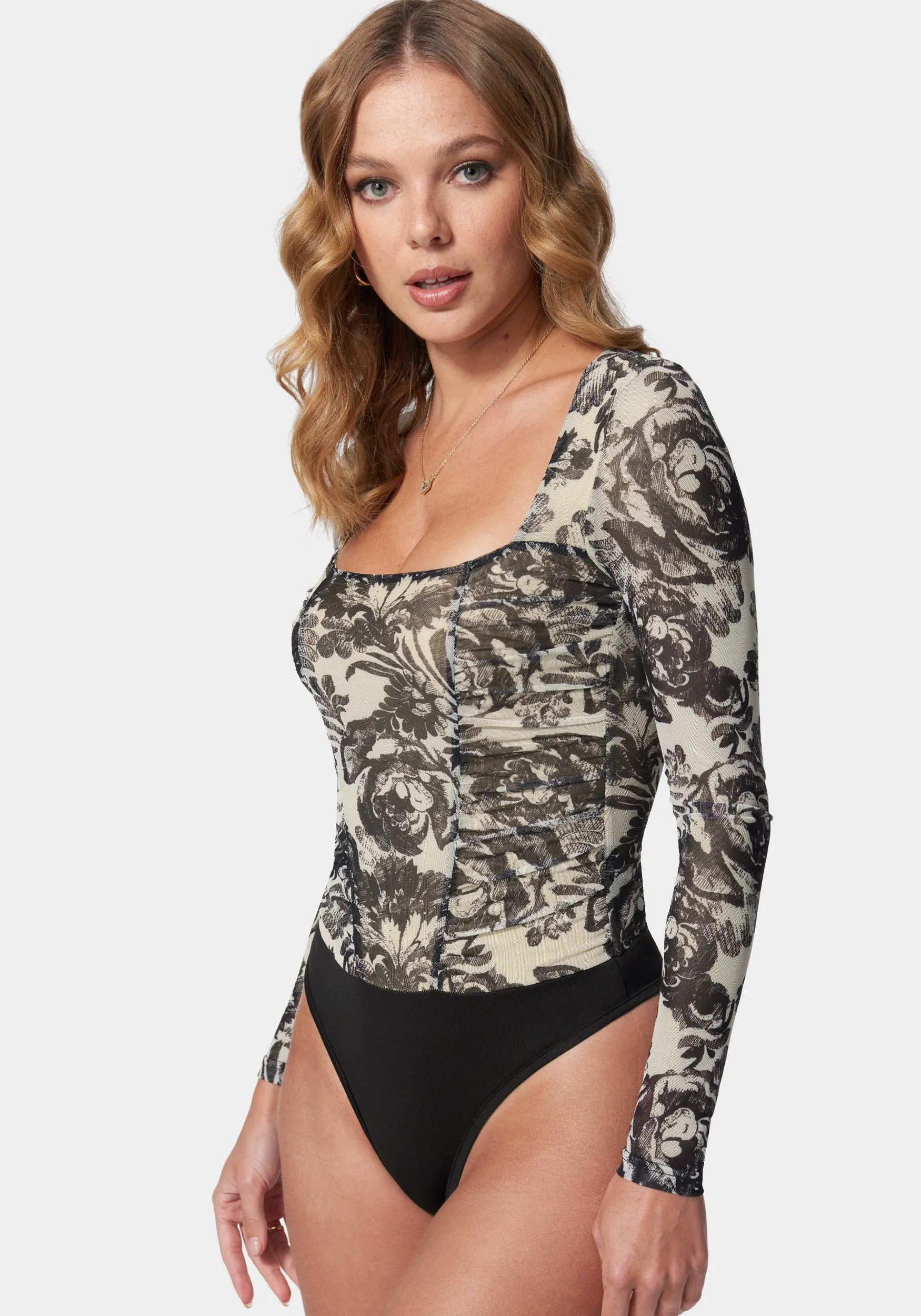 Mesh Long Sleeve Ruched Bodysuit sold by Bebe product image thumbnail 2