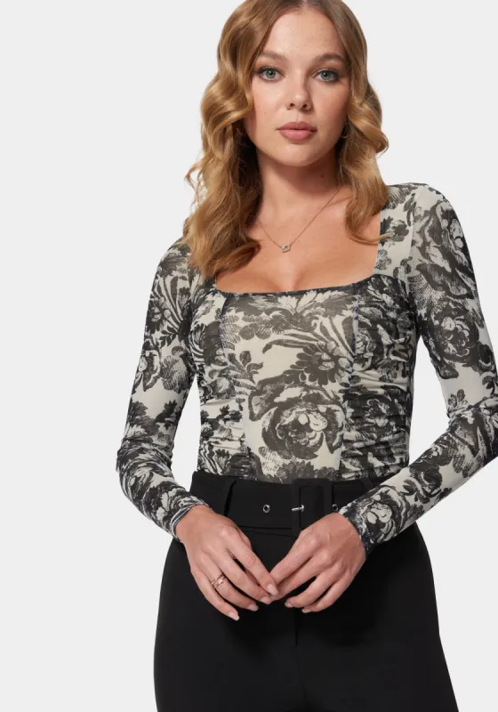 Mesh Long Sleeve Ruched Bodysuit sold by Bebe